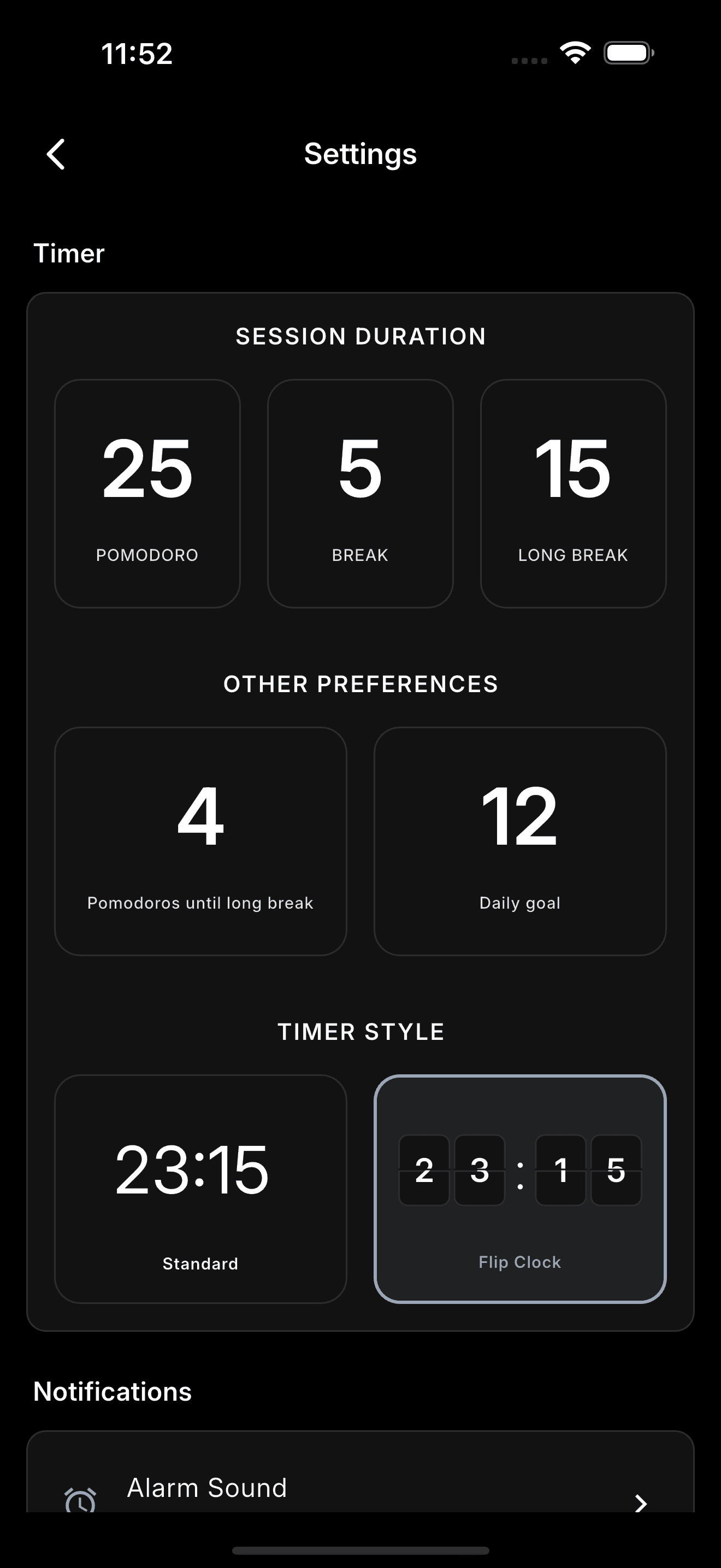 Flip Timer settings screen with session duration, daily goals, and timer style options